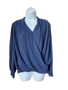 Beacon Apparel Womens Navy Blue Textured Long Sleeve Surplice Blouse LP 100% Pol